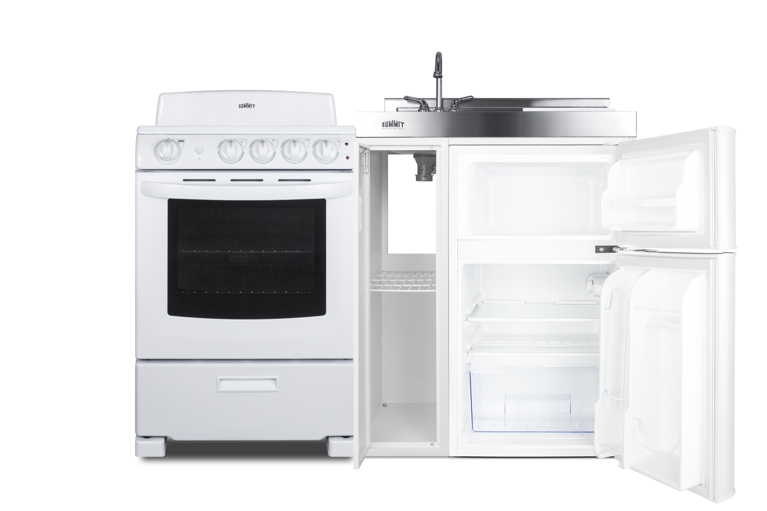 54 inch wide all-in-one kitchenette with 220V 4-element electric coil range, refrigerator-freezer, sink, cutting board and cutlery storage, and a storage cabinet